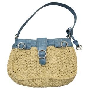 Brighton Macramé Wheat Straw Blue Leather Fashion Shoulder Bag Silver Hardware
